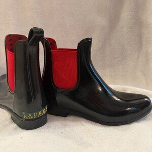 Ralph Lauren Tally Rain Boots Chelsea Style Black Red Pull On Ankle Boots Size 8